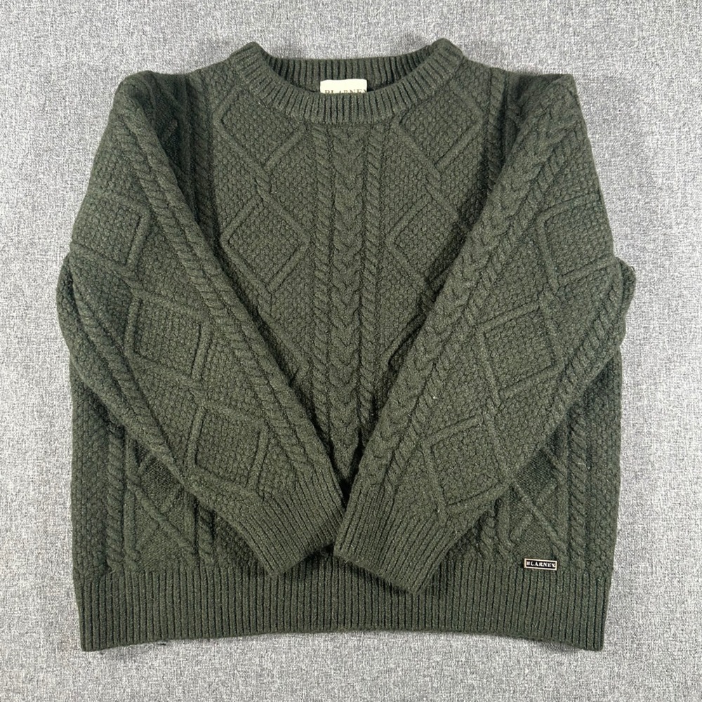 Blarney Aran Original Merino Wool Sweater XL Green Cable Knit Irish Fisherman